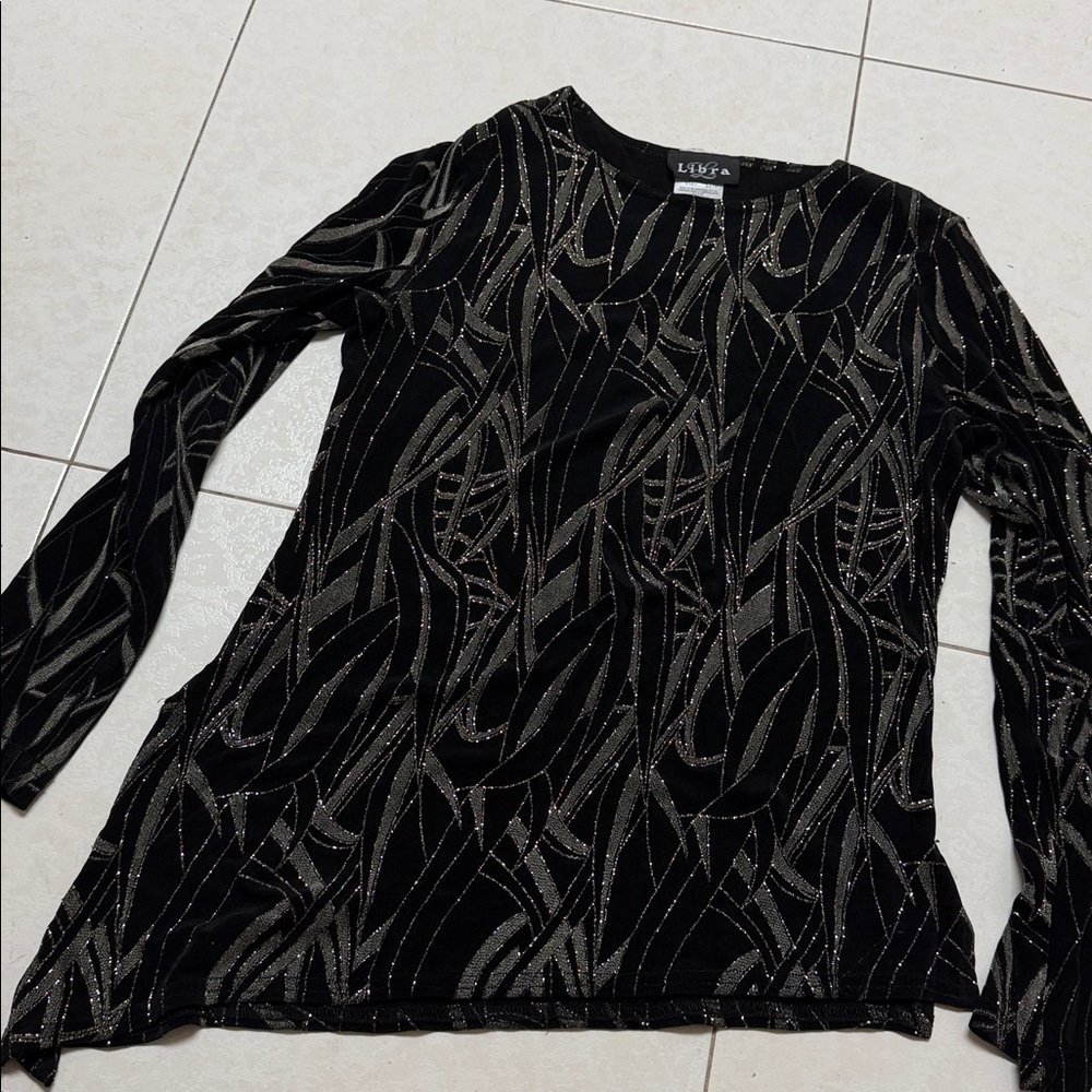 Libra Black Top with Silver Metallic Pattern